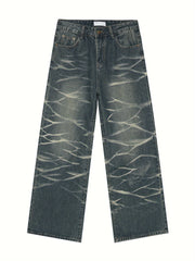 Retro Design Denim Men's Loose Fitting Straight Leg - Water Ripple Street Dance Party Casual Pants voguable
