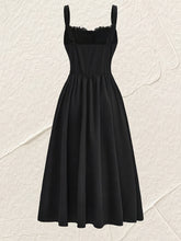 Elegant Lace-Trimmed Midi Dress with High Waist - Square Neck, Stretch Fabric, Machine Washable - Perfect for All Seasons voguable