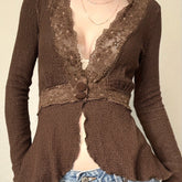 Women's Vintage French-Inspired Lace Crochet V-Neck Cardigan, Brown Ribbed Knit with Floral Lace Detail, Long Sleeves - Perfect for Spring/Fall Fashion voguable