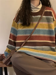 Colorful Striped Retro Sweater - Women's Autumn/Winter Lazy Round Neck Knitted Loose Soft Top Trend voguable