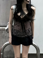 Women's Y2K-Inspired Leopard Print and Velvet V-Neck Camisole with Lace Detailing and Bow Accent, Adjustable Straps - Stylish French Streetwear voguable