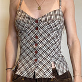 Vintage-Inspired French Plaid Corset Cami Top with Adjustable Spaghetti Straps & Front Button Detail - Sleeveless Sweetheart Neckline, Backless Design - Polyester, Machine Washable - Y2K Fashion for Women voguable