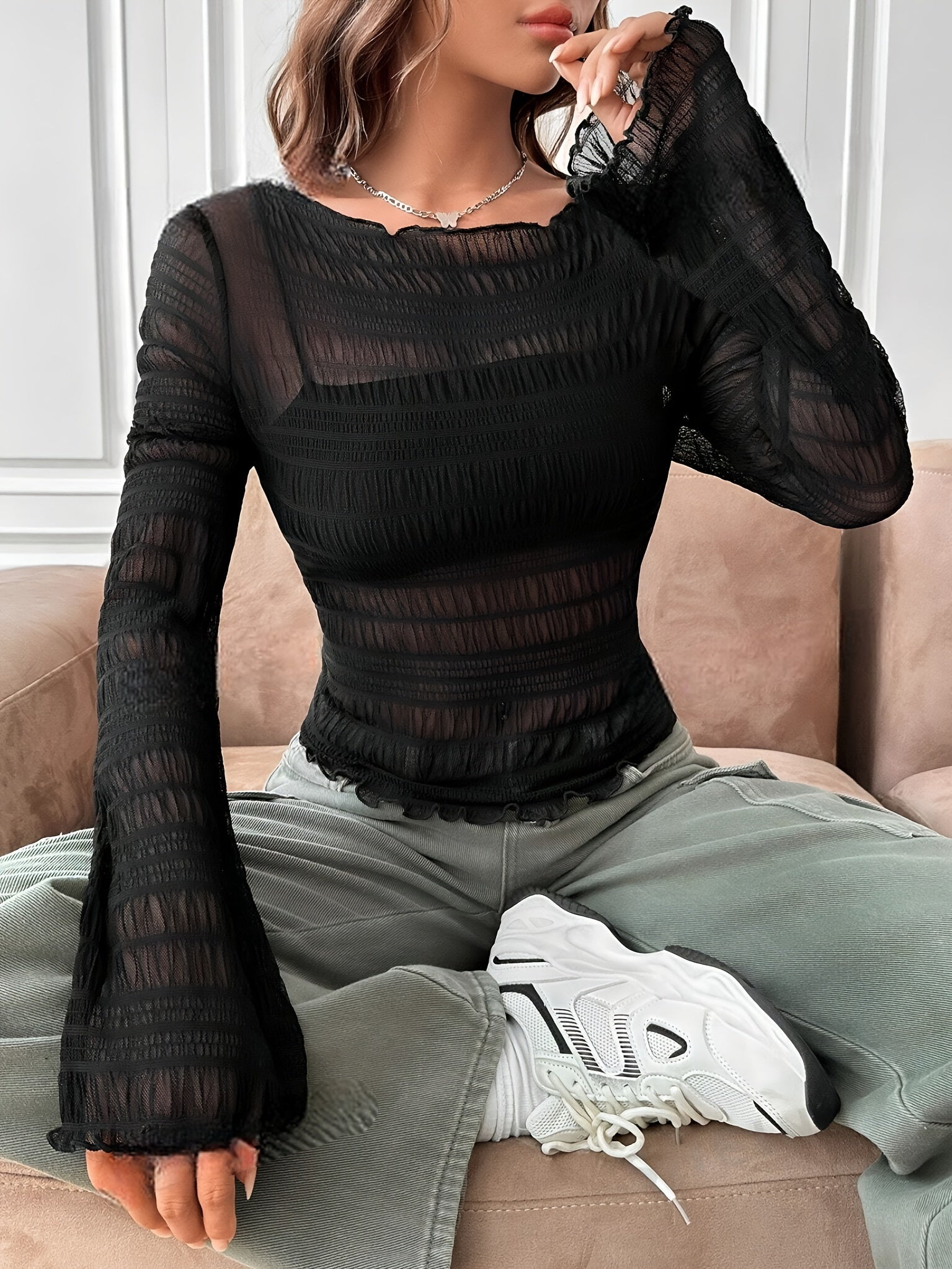 Solid Textured Mesh Slim T-Shirt, Casual Long Sleeve T-Shirt For Spring & Fall, Women's Clothing voguable
