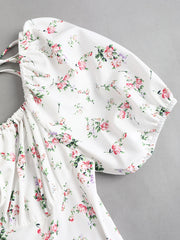 Elegant White Floral Print Midi Dress with Puff Sleeves & Tie-Back Detail - Square Neck, Non-Sheer Polyester for Women - Perfect for Spring, Summer & All Seasons, Formal Wear | Puff Sleeves Dress | Polyester Fabric voguable