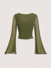 Elegant Olive Green V-Neck Blouse with Tie-Front Detail - Long Sleeve, Stretchy Polyester Mesh Top, Machine Washable - Chic & Versatile for All Seasons voguable