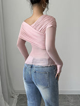 Long Sleeve Polyester Blend Off the Shoulder Asymmetrical Hem T-Shirt - Medium Stretch Knit Fabric, Solid Color, for Spring/Summer/Fall voguable