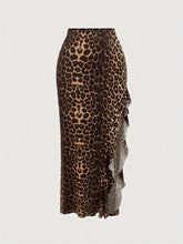 Elegant Leopard Print Long Skirt with Sparkling Sequin Hem Detail - Polyester Knit Fabric with Spandex, Side Slit Ruffle Trim, Skinny Fit for All Seasons voguable