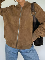 Women's Vintage-Inspired Brown Faux Suede Jacket - Cozy Zip-Up Bomber with Pockets, Stand Collar, Long Sleeves for Fall & Winter Streetwear voguable