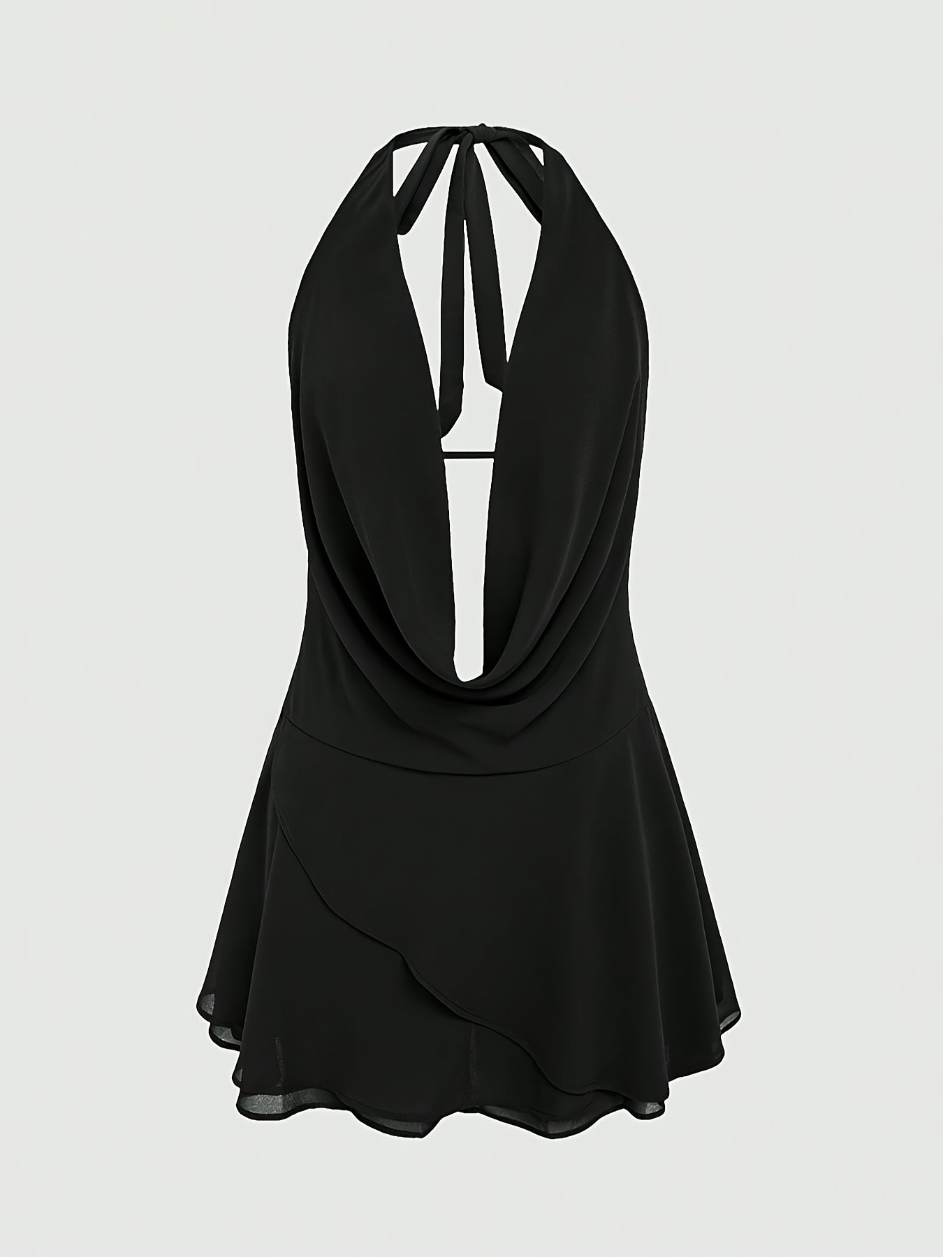 Elegant Women's Solid Color Black Halter Mini Dress - Sexy Backless Design with Tie Detail, Lightweight Polyester, Perfect for Spring/Summer Casual Wear, Plus Size Elegant Dress voguable