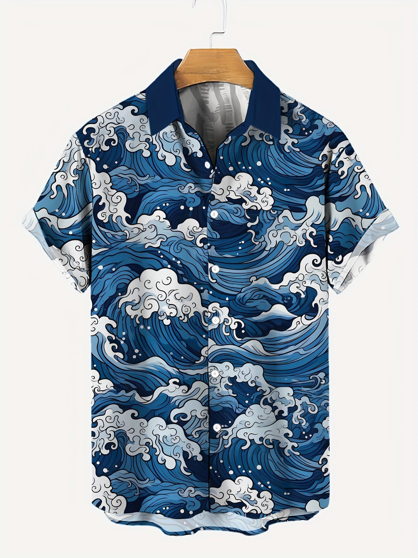 Men's Fashion Waves Pattern Allover Print Short Sleeve Button Up Lapel Hawaiian Style Shirt For Summer Resort Vacation gotmes-shop