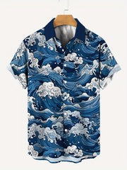 Men's Fashion Waves Pattern Allover Print Short Sleeve Button Up Lapel Hawaiian Style Shirt For Summer Resort Vacation gotmes-shop