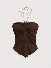 Solid Color Stretchy Polyester Blend Halter Neck Top - Y2K-Inspired Beaded Detail, Perfect for All Seasons voguable