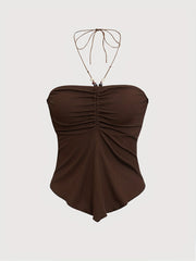 Solid Color Stretchy Polyester Blend Halter Neck Top - Y2K-Inspired Beaded Detail, Perfect for All Seasons voguable