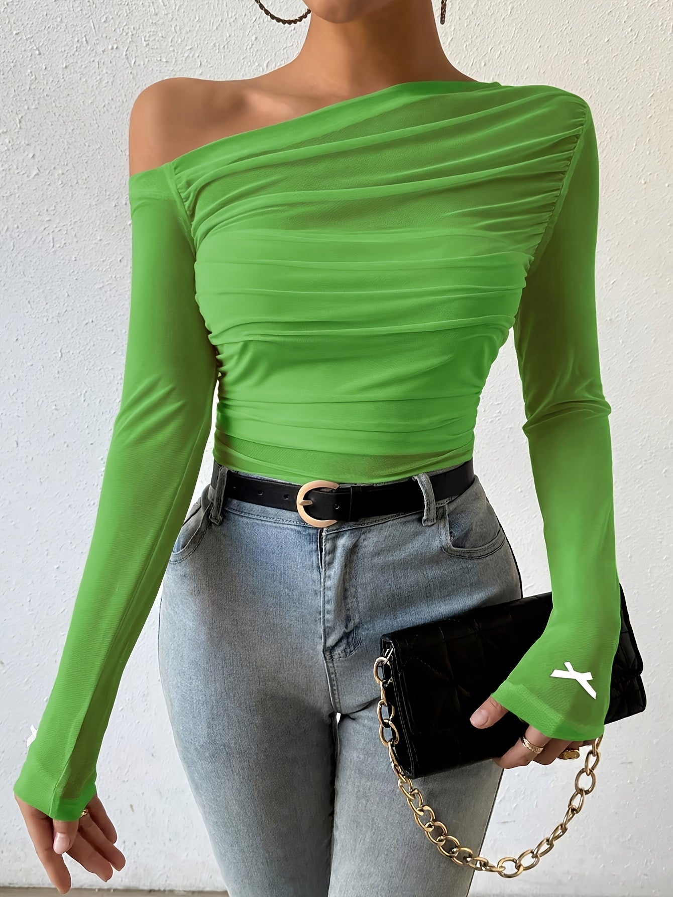 Semi-Sheer Stretchy Polyester Blend Off-Shoulder Ruched Long Sleeve Top with Bow Detail - Elegant for Women - Perfect for Fall/Winter voguable