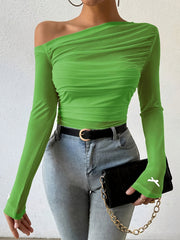 Semi-Sheer Stretchy Polyester Blend Off-Shoulder Ruched Long Sleeve Top with Bow Detail - Elegant for Women - Perfect for Fall/Winter voguable