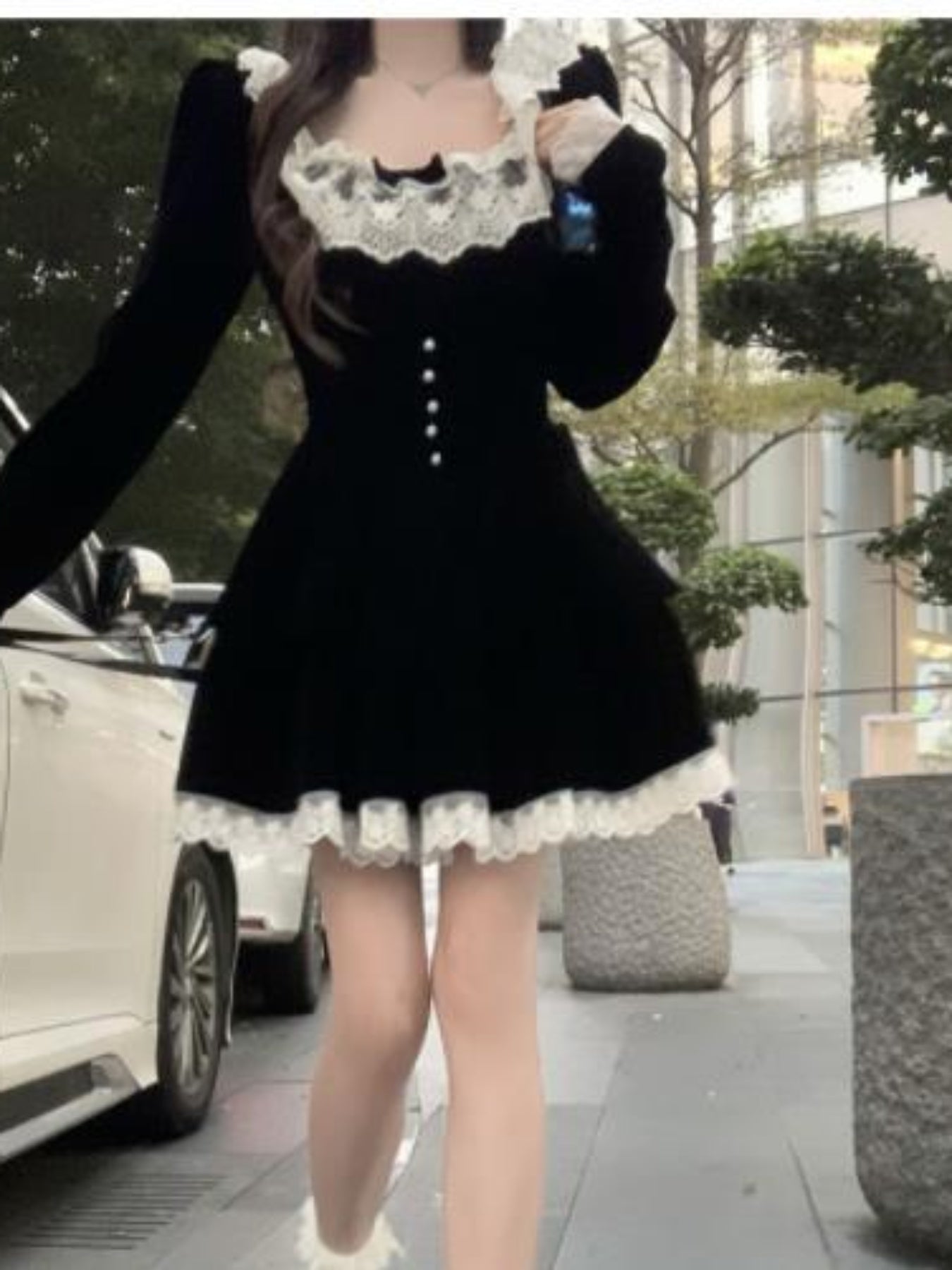 Chic Women's Velvet Dress with Lace Trim - Scoop Neck, Long Sleeve, A-Line Mini in French Style, Stretchy & Machine Washable - Perfect for Fall voguable