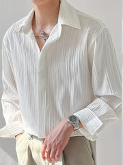Men's Solid Striped Shirt, Casual Lapel Button Up Long Sleeve Shirt For Outdoor Activities voguable