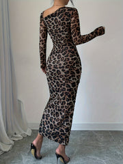 Leopard Print Asymmetrical Neck Dress, Elegant Long Sleeve Bodycon Dress for Spring & Fall, Women's Clothing voguable