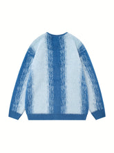 Gradient Blue & White Loose-Fit Cardigan - Long Sleeve V-Neck Knit Sweater with Buttons, Machine Washable - Ideal for Spring/Fall, Casual, Couples voguable