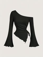 Trendy Chic Knit T-Shirt - Soft Polyester Blend, Asymmetrical Neck, Solid Color, Regular Length, Perfect for Fall and Winter Seasons voguable