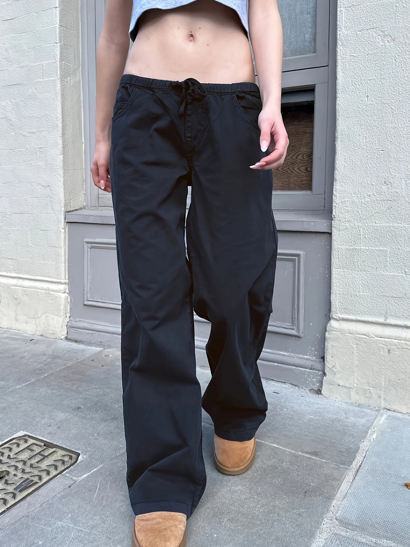 1pc Women'S Casual Solid Color Drawstring Pocketed Straight-Leg Woven Pants, Polyester Blend, Comfort Fit for All-Season voguable