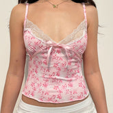 Print Lace-Trimmed Bow Cami Top - High Stretch, V-Neck, Summer Fashion for Women voguable