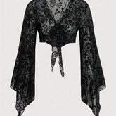 Floral Flocked Sheer Mesh Long Sleeve Cardigan for Women - Elegant V-Neck Polyester Blend (95% Polyester, 5% Elastane) - Short Length Knit Fabric All Season Stylish Top voguable