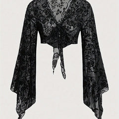 Floral Flocked Sheer Mesh Long Sleeve Cardigan for Women - Elegant V-Neck Polyester Blend (95% Polyester, 5% Elastane) - Short Length Knit Fabric All Season Stylish Top voguable