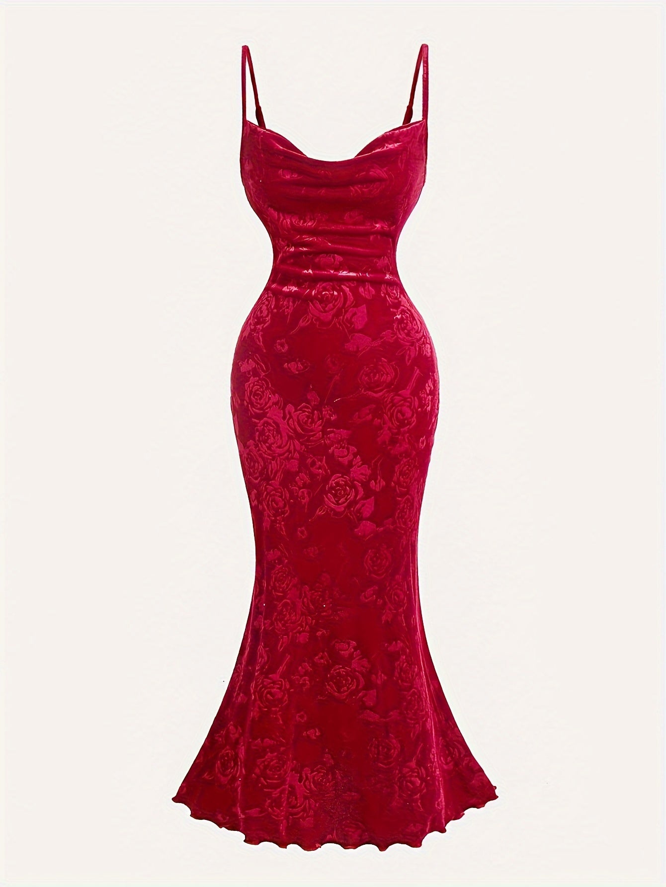 Vintage Red Velvet Maxi Dress for Women with Floral Pattern, V-Neck, and Spaghetti Straps - Polyester Blend, Machine Washable, Flowing Mermaid Hem, Special Occasion Dress|Elegant Maxi Gown|Polyester Velvet Dress voguable