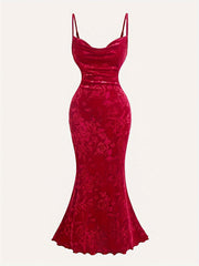 Vintage Red Velvet Maxi Dress for Women with Floral Pattern, V-Neck, and Spaghetti Straps - Polyester Blend, Machine Washable, Flowing Mermaid Hem, Special Occasion Dress|Elegant Maxi Gown|Polyester Velvet Dress voguable