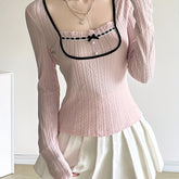 Chic French-Inspired Colorblock Knit Top with Bow Detail - Long Sleeve, Square Neck, Ribbed Texture, Machine Washable - Perfect for Spring/Fall voguable