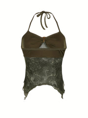 Y2K Tribal Print Green Cami Top with Metal Buckle and Ruched Halter Neck, Polyester Spandex Blend, High Stretch Knit Fabric, Pullover Slingback Style for Spring/Summer/Fall voguable