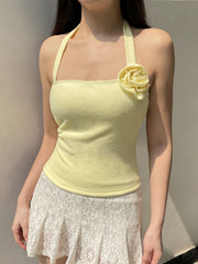 Effortless Glam, Elegant Floral Knit Halter Top with Tie-Back Detail - Sleeveless, Backless French Style Camisole for Women - Perfect for Vacation voguable