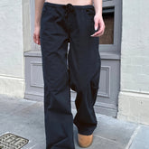 1pc Women'S Casual Solid Color Drawstring Pocketed Straight-Leg Woven Pants, Polyester Blend, Comfort Fit for All-Season voguable