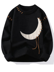 Cozy Acrylic Blend Crescent Moon Sweater - Men's Trendy Distressed Long Sleeve Pullover - Versatile & Warm for Fall/Winter, Plus Size voguable