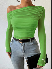 Semi-Sheer Stretchy Polyester Blend Off-Shoulder Ruched Long Sleeve Top with Bow Detail - Elegant for Women - Perfect for Fall/Winter voguable