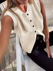 Solid Color Button Front Vest, Casual Sleeveless Knit Top for Spring & Summer, Women's Clothing voguable
