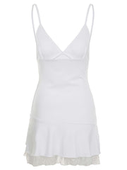 Women'S Elegant Asymmetrical Lace Splicing Pleated A-Line V-Neck Slip Dress, 95% Polyester 5% Elastane, All-Season Knit Fabric, Solid Color, Contrast Lace Detail, 200g/m² - Adult voguable