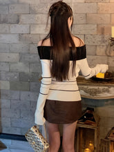 1pc Women'S Chic Striped Knit Top, Off-Shoulder Pullover Sweater, Polyester Knit Fabric, Solid Color with Striped Pattern, Lightweight 150g/m², Autumn/Winter Fashion voguable