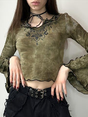 Tie Dye Flare Sleeve T-shirt, Y2K Notched Neck Lettuce Trim Long Sleeve Top For Spring & Fall, Women's Clothing voguable