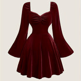 Velvet Elegant V-Neck Long Sleeve Dress - Pleated with Lace Detail, Perfect for Fall/Winter Parties & Banquets voguable