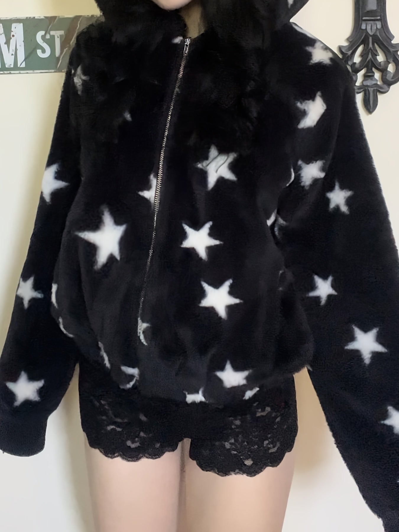 Five-pointed Star Plush Faux Fur y2k Hooded Warm Jacket Autumn/Winter Targeted voguable
