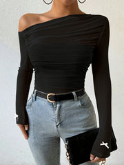 Semi-Sheer Stretchy Polyester Blend Off-Shoulder Ruched Long Sleeve Top with Bow Detail - Elegant for Women - Perfect for Fall/Winter voguable