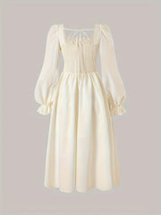 Women's targeted square collar lace patchwork chest pleated V-shaped waist metal eyelet drawstring lantern long-sleeved back wrap dress voguable