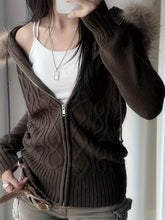 Long Sleeve Vintage-Inspired Zip-Up Cardigan - Hooded Cable Knit Sweater with Faux Fur Trim for Women - Winter voguable