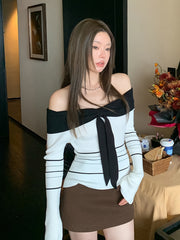 1pc Women'S Chic Striped Knit Top, Off-Shoulder Pullover Sweater, Polyester Knit Fabric, Solid Color with Striped Pattern, Lightweight 150g/m², Autumn/Winter Fashion voguable