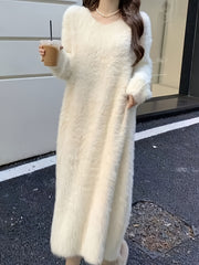 Elegant Faux Mink Fur Women's Lounge Dress - Cozy V-Neck Long Sleeve, Over-the-Knee Knit Robe for Fall/Winter, Korean Style, Loose Fit voguable