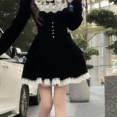 Chic Women's Velvet Dress with Lace Trim - Scoop Neck, Long Sleeve, A-Line Mini in French Style, Stretchy & Machine Washable - Perfect for Fall voguable