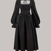 Women's targeted square collar lace patchwork chest pleated V-shaped waist metal eyelet drawstring lantern long-sleeved back wrap dress voguable