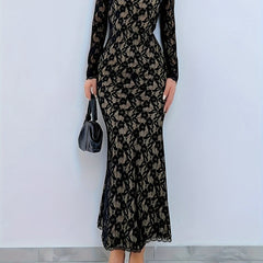 Elegant Long Sleeve Floral Lace Bodycon Dress - Square Neck, Women's Clothing for Club & Party voguable